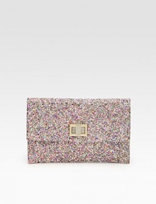 Add some glitz to your ensemble with this compact design wrapped in glitter fabric with a goldtone clasp.Flap with turnlock closure One inside open pocket Metallic nappa lining 9W X 6H X ¼D Imported Add some glitz to your ensemble with this compact design wrapped in glitter fabric with a goldtone clasp.Flap with turnlock closure One inside open pocket Metallic nappa lining 9W X 6H X ¼D Imported