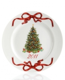 Martha Stewart Collection makes the table merrier with this porcelain tree plate. A beautiful collectible that's also made for the rigors of holiday dining, it features a classic Christmas tree and graceful red bows to complement this unique holiday dinnerware and dishes set. (Clearance) Martha Stewart Collection makes the table merrier with this porcelain tree plate. A beautiful collectible that's also made for the rigors of holiday dining, it features a classic Christmas tree and graceful red bows to complement this unique holiday dinnerware and dishes set. (Clearance)