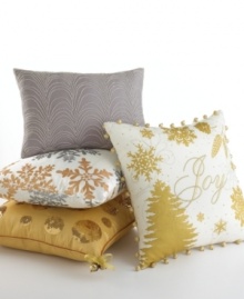 Rows of delicate beading in a silver hue embellish this holiday decorative pillow from Martha Stewart Collection for an elegant appeal. Rows of delicate beading in a silver hue embellish this holiday decorative pillow from Martha Stewart Collection for an elegant appeal.