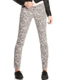 Join the graphic denim movement with Material Girl's five-pocket, feather-print skinny jeans! Join the graphic denim movement with Material Girl's five-pocket, feather-print skinny jeans!
