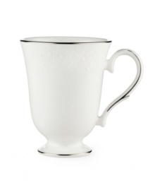 Beautiful and bridal-inspired, this classic white mug is richly textured with a delicate floral motif and raised, beaded accents. Finished with a band of polished platinum. Qualifies for Rebate Beautiful and bridal-inspired, this classic white mug is richly textured with a delicate floral motif and raised, beaded accents. Finished with a band of polished platinum. Qualifies for Rebate