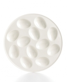 Nest deviled or hard boiled eggs in this Whiteware egg plate from Martha Stewart Collection to prevent accidental rolling. White porcelain ensures a clean, simple presentation fit for any occasion. Nest deviled or hard boiled eggs in this Whiteware egg plate from Martha Stewart Collection to prevent accidental rolling. White porcelain ensures a clean, simple presentation fit for any occasion.