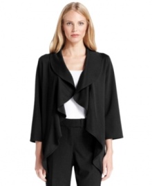 A cross between a draped cardigan and a sophisticated blazer, Calvin Klein's jacket features ponte knit fabric for just the right amount of structure. A cross between a draped cardigan and a sophisticated blazer, Calvin Klein's jacket features ponte knit fabric for just the right amount of structure.