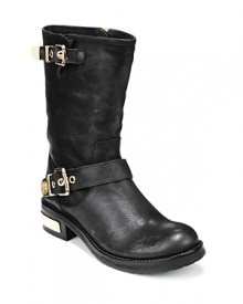 VINCE CAMUTO takes the moto boot gold in this polished pair featuring gilded buckles and logo plates: Well-heeled biker style. VINCE CAMUTO takes the moto boot gold in this polished pair featuring gilded buckles and logo plates: Well-heeled biker style.