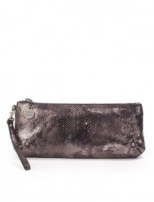 Sleek and stylish, snakeskin-printed leather shapes this elongated style with a wrist strap and logo disc pull.Leather wrist strap, 7 drop Top zip closure One inside zip pocket Fully lined 12W X 5½H X ½D Imported Sleek and stylish, snakeskin-printed leather shapes this elongated style with a wrist strap and logo disc pull.Leather wrist strap, 7 drop Top zip closure One inside zip pocket Fully lined 12W X 5½H X ½D Imported