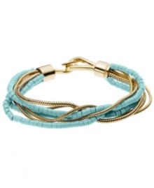 A taste of summer. Michael Kors infuses any look with hues perfect for warm-weather ensembles. Bracelet features reconstituted turquoise beads twisted together with gold tone mixed metal chain accents and clasp. Approximate length: 7-1/4 inches. Approximate width: 1 inch.