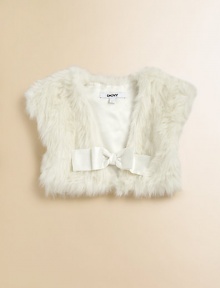 Add instant glamorous appeal to any style with this playful faux fur shrug complete with a satin bow accent.Faux fur designV-neckCap sleevesBow accentFront snap closurePolyester/acrylic/modacrylicMachine washImported