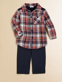 A smart set for ultra-hip little ones, with a rugged plaid top and comfy matching pants. Shirt Point collarButton frontLong sleeves with button cuffsDecorative chest patchContrast back panelCurved hem Pants Pull-on styleCottonMachine washImported Please note: Number of buttons may vary depending on size ordered. A smart set for ultra-hip little ones, with a rugged plaid top and comfy matching pants. Shirt Point collarButton frontLong sleeves with button cuffsDecorative chest patchContrast back panelCurved hem Pants Pull-on styleCottonMachine washImported Please note: Number of buttons may vary depending on size ordered.