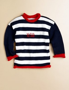 Stripes lend whimsy to this beautifully crafted pure cotton sweater perfect for girls and boys alike. A rolled neckline, hem and cuffs add small touches of contrast color.Rolled neckRibbed cuffsCottonMachine washMade in USAFOR PERSONALIZATION Select a quantity, then scroll down and click on PERSONALIZE & ADD TO BAG to choose and preview your personalization options. Please allow 3 to 4 weeks for delivery. Stripes lend whimsy to this beautifully crafted pure cotton sweater perfect for girls and boys alike. A rolled neckline, hem and cuffs add small touches of contrast color.Rolled neckRibbed cuffsCottonMachine washMade in USAFOR PERSONALIZATION Select a quantity, then scroll down and click on PERSONALIZE & ADD TO BAG to choose and preview your personalization options. Please allow 3 to 4 weeks for delivery.