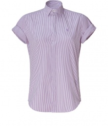 Stylish blouse in fine, fashionable lilac and cream-striped cotton - Feminine cut is classic with narrow waist, small collar, concealed placket and rounded seam edges - Short sleeves can be rolled up casually - Favorite top for business, weekends or vacation - Pair with with a pencil skirt and heels or favorite jeans and flats