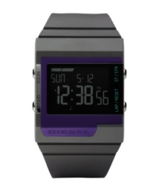 Effortlessly cool in monochromatic tones, Diesel adds a pop of purple to this ultra-modern watch design. Gray polyurethane strap and square gray stainless steel and plastic case. Applied purple aluminum bezel engraved with logo. Negative display digital dial features initial time, day, date and seconds. Quartz movement. Water resistant to 50 meters. Two-year limited warranty.