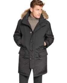 Stay warm and super sleek this season with the classic design of Michael Kors' Mckinley jacket, rendered in bonded twill with faux fur trim for ultimate protection from the elements. Stay warm and super sleek this season with the classic design of Michael Kors' Mckinley jacket, rendered in bonded twill with faux fur trim for ultimate protection from the elements.