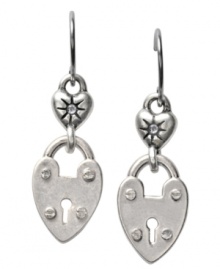 Take it to the heart. Fossil's adorable earring style features a double heart design. One heart highlights a chic, cut-out keyhole, while the other sparkles with the addition of a crystal accent. Crafted in vintage silver tone mixed metal on fishwire. Approximate drop: 1-3/8 inches.