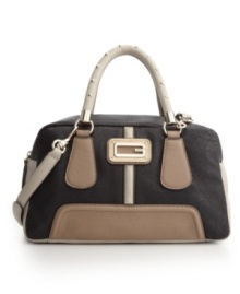 Sassy studs and modern hardware add edge to this classic satchel silhouette. Whether worn in hand or with the crossbody strap, this GUESS design will create some serious handbag envy. Sassy studs and modern hardware add edge to this classic satchel silhouette. Whether worn in hand or with the crossbody strap, this GUESS design will create some serious handbag envy.
