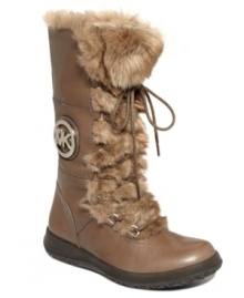 Signature style is always en vogue. MICHAEL Michael Kors' Fulton cold weather boots feature a brilliant metal designer logo disk on the side and a cozy shearling lining.