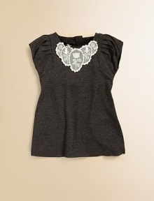 Gathered cap sleeves meet charming lace details for a look that little fashionistas adore. Scoopneck with lace detail Gathered cap sleeves Concealed back zipper 92% viscose/8% elastic Machine wash Imported Gathered cap sleeves meet charming lace details for a look that little fashionistas adore. Scoopneck with lace detail Gathered cap sleeves Concealed back zipper 92% viscose/8% elastic Machine wash Imported