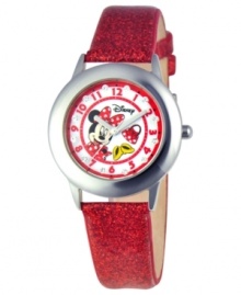 Polka dots and bows! Featuring iconic Disney character, Minnie Mouse, this glittering watch flaunts a sparkling design.