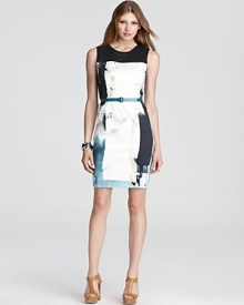 Bold strokes of blue embolden this Elie Tahari sheath with a rainstorm effect, while a skinny turquoise belt crafts a feminine silhouette. Pair with a printed tote for an on-trend pattern clash.