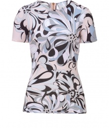 Inject playful style into any look with Emilio Puccis characteristic-chic optical flower print top - Round neckline, short sleeves, metal back zip - Form-fitting - Wear with tailored trousers and bright peep-toes Inject playful style into any look with Emilio Puccis characteristic-chic optical flower print top - Round neckline, short sleeves, metal back zip - Form-fitting - Wear with tailored trousers and bright peep-toes