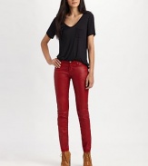 Ultra-chic faux leather skims the body for a look that's ready to take you out on the town.THE FITSlim fitRise, about 8Inseam, about 31THE DETAILSZip flyFive-pocket style80% cotton15% modal/5% polyurethaneMachine washMade in USA of imported fabric