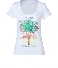 Inject island flavor into your causal-cool style with this palm tree printed tee from Juicy Couture - Scoop neck, short sleeves, palm tree and rainbow-hued writing on front - Style with denim shorts and embellished sandals or skinny jeans and ballet flats