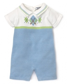 Blue and white sweater romper with argyle embroidery and stripe polo collar. Blue and white sweater romper with argyle embroidery and stripe polo collar.