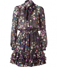 Luxurious dress in fine, multicolored silk - Fashionable floral print - Feminine silhouette, with a tie neck and a hint of balloon sleeves - Flattering, accentuated waist - The skirt is mini short, springs up in soft folds and has a multi-layered ruffle hem - Fashionable, trendy, sexy - Pair with platform pumps or booties