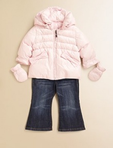 Sweet bows dress up this wonderfully warm down-filled style.Detachable hoodFront zipSide slash pockets with bow detailsAttached mittensPolyamideFill: goose downDry cleanImported Sweet bows dress up this wonderfully warm down-filled style.Detachable hoodFront zipSide slash pockets with bow detailsAttached mittensPolyamideFill: goose downDry cleanImported