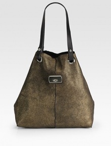 Luxurious shearling with an elegant metallic sheen accented with smooth leather trim.Double leather top handles, 9½ dropCenter snap button tab closure13W X 13½H X 5DImported Luxurious shearling with an elegant metallic sheen accented with smooth leather trim.Double leather top handles, 9½ dropCenter snap button tab closure13W X 13½H X 5DImported