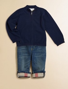 The classic check design adorns the back yoke of this plush cotton, zip-front sweater.MockneckLong sleevesFull-zip frontBack yokeRibbed cuffs & hemCottonHand washImported The classic check design adorns the back yoke of this plush cotton, zip-front sweater.MockneckLong sleevesFull-zip frontBack yokeRibbed cuffs & hemCottonHand washImported