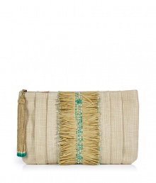 Elevate your cocktail-ready look with this ethnic-inspired clutch from cult favorite accessory designer Anya Hindmarch - Pleated straw with front raw raffia with bead detailing and logo, top zip closure with beaded tassel - Perfect for cocktails or a night out on the town Elevate your cocktail-ready look with this ethnic-inspired clutch from cult favorite accessory designer Anya Hindmarch - Pleated straw with front raw raffia with bead detailing and logo, top zip closure with beaded tassel - Perfect for cocktails or a night out on the town