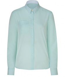 Stylish top in fine, pale green cotton - Elegant, on-trend pastel hue - Slim, classic button down silhouette, cut slightly longer in the back - Small collar, chest pocket and gently rounded hem - The detail we love: delicate, white lace trim at sides - Go for a casual look with jeans and ballet flats, or dress it up with a pleated mini and ankle booties