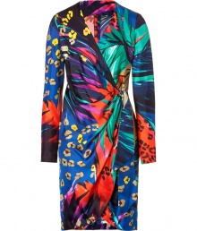 Bring bold style with this tropical print wrap dress from Salvatore Ferragamo - V-neck, wrap front, long sleeves, draped front detail, all-over multi-print - Style with platform sandals and a studded clutch