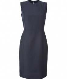 Luxurious dress in fine virgin wool, mohair and silk - noble night-blue - simple yet highly elegant - classic shift cut with high crew neck and straight shoulders - no sleeves - figure-hugging slim top with decorative breast darts - accentuated waist - slim and figure-hugging skirt in almost knee-length - noble material blend, very pleasant to wear - a world class dress for many great occasions from business to a wedding - pair with gladiator booties, pumps or peep-toes