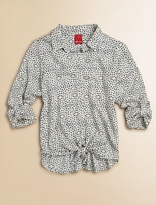Perky polka dots and a tie-front hem define this lightweight button-down.Shirt collarLong sleeves with button-tab roll-up cuffsButton-frontTie-front hemRayonMachine washImported Please note: Number of buttons may vary depending on size ordered. Perky polka dots and a tie-front hem define this lightweight button-down.Shirt collarLong sleeves with button-tab roll-up cuffsButton-frontTie-front hemRayonMachine washImported Please note: Number of buttons may vary depending on size ordered.