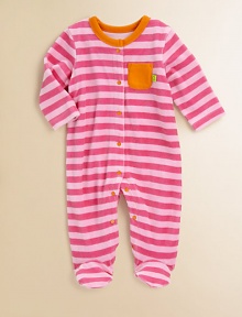 Luxurious and plush velour in girlie stripes with bright contrast jersey trim and snaps.Round necklineContrast-snap frontLong sleevesPatch chest pocketSnap legsCottonMachine washImported Please note: Number of snaps may vary depending on size ordered. Luxurious and plush velour in girlie stripes with bright contrast jersey trim and snaps.Round necklineContrast-snap frontLong sleevesPatch chest pocketSnap legsCottonMachine washImported Please note: Number of snaps may vary depending on size ordered.