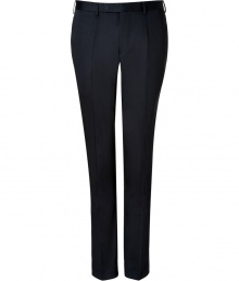 Lend some dandyish style to your office or off-duty look with these versatile cotton pants from Baldessarini - Flat front with button tab, belt loops, on-seam pockets, back welt pockets with buttons, straight leg with crease details - Slim tailored fit - Style with a matching blazer or a cashmere pullover and a leather jacket