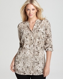 In a timeless snake print, Calvin Klein Plus's cool collarless shirt slips on for instant chic. In a timeless snake print, Calvin Klein Plus's cool collarless shirt slips on for instant chic.