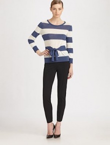 Sporty stripes band this soft knit style, which is accented by a clever front tie.Rib-knit crewneck, cuffs and hemLong sleevesAttached front tie70% linen/30% cottonDry cleanMade in Italy of imported fabricModel shown is 5'9 (175cm) wearing US size 4. Sporty stripes band this soft knit style, which is accented by a clever front tie.Rib-knit crewneck, cuffs and hemLong sleevesAttached front tie70% linen/30% cottonDry cleanMade in Italy of imported fabricModel shown is 5'9 (175cm) wearing US size 4.