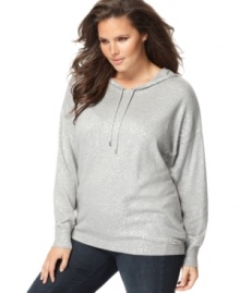 Calvin Klein's collection of plus size clothes gives the long sleeve sweater a sporty finish with a drawstring hood--it's plus size fashion that adds polish to your weekend wear.