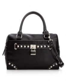 An edgy design sure to turn more than a few heads. The Lock of the Draw Satchel from Nine West features bold studded detailing, a signature lock charm and shiny silvertone hardware. An edgy design sure to turn more than a few heads. The Lock of the Draw Satchel from Nine West features bold studded detailing, a signature lock charm and shiny silvertone hardware.