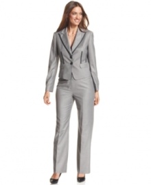 Unique details give Nine West's petite suit an edge: contrasting trim and peaked lapels evoke classic menswear style, while structured tailoring ensures a feminine fit. Unique details give Nine West's petite suit an edge: contrasting trim and peaked lapels evoke classic menswear style, while structured tailoring ensures a feminine fit.