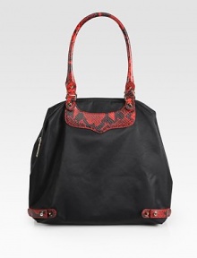A packable design in lightweight nylon with luxurious python embossed leather trim.Double python embossed leather shoulder straps, 8½ dropTop zip closureOne inside zip pocket12W X 12H X 8DImported A packable design in lightweight nylon with luxurious python embossed leather trim.Double python embossed leather shoulder straps, 8½ dropTop zip closureOne inside zip pocket12W X 12H X 8DImported