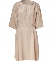 A relaxed 1970s silhouette gives this Schumacher dress a pared-down chic style - Rounded collar, pleating at neckline and back yoke, relaxed silhouette, detachable tie belt with chain detailing, asymmetrical curved hem - Style with platform sandals and an oversized satchel