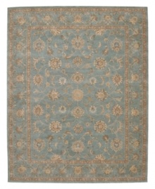 Bring new distinction to your home. Marked by its delicate aqua color palette and luxuriously soft texture, this handcrafted rug recreates the elegance of 17th Century Persian carpets. Hard-twist yarns are specially dyed for a subtlety of coloration producing a vintage look similar to traditional vegetable dyes. Bring new distinction to your home. Marked by its delicate aqua color palette and luxuriously soft texture, this handcrafted rug recreates the elegance of 17th Century Persian carpets. Hard-twist yarns are specially dyed for a subtlety of coloration producing a vintage look similar to traditional vegetable dyes.