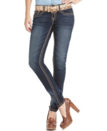 Take your denim style to the next level with Dollhouse! Sporting stark, contrast-color topstitching and a trend-right snakeskin-print belt, these dark wash skinny jeans are a fall essential for denim lovin' girls. Take your denim style to the next level with Dollhouse! Sporting stark, contrast-color topstitching and a trend-right snakeskin-print belt, these dark wash skinny jeans are a fall essential for denim lovin' girls.