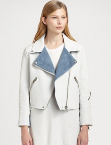 Denim trim softens this edgy leather motorcycle jacket. Denim-trim notched collarSnap closures; front zipperLong denim-trim sleevesZippered cuffsZippered slash pocketsAbout 19 from shoulder to hemBody: LeatherTrim: Viscose/cottonDry clean with leather specialistImportedSIZE & FITModel shown is 5'10 (177cm) wearing US size Small. Denim trim softens this edgy leather motorcycle jacket. Denim-trim notched collarSnap closures; front zipperLong denim-trim sleevesZippered cuffsZippered slash pocketsAbout 19 from shoulder to hemBody: LeatherTrim: Viscose/cottonDry clean with leather specialistImportedSIZE & FITModel shown is 5'10 (177cm) wearing US size Small.