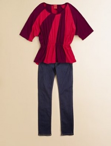 A bright, color-block style shaped with shrunken dolman sleeves and a fashion-forward hi-lo hem.Scoop necklineThree-quarter dolman sleevesGathered waistHi-lo hem96% rayon/4% spandexMachine washImported A bright, color-block style shaped with shrunken dolman sleeves and a fashion-forward hi-lo hem.Scoop necklineThree-quarter dolman sleevesGathered waistHi-lo hem96% rayon/4% spandexMachine washImported