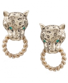 80's style is making a comeback. Carolee's dramatic doorknocker earrings feature a stylish panther head with glowing green glass eyes. Set in antique gold-plated mixed metal. Approximate drop: 1 inch.