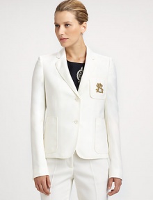 A classic menswear-inspired silhouette, accented with an elegant, embroidered monogram breast pocket.Notched lapelsMonogram embroideryButton closurePatch pocketsBack ventAbout 23 from shoulder to hemWoolDry cleanMade in Italy of imported fabricModel shown is 5'11 (180cm) wearing US size 4. Additional Information Women's Premier Designer & Contemporary Size Guide A classic menswear-inspired silhouette, accented with an elegant, embroidered monogram breast pocket.Notched lapelsMonogram embroideryButton closurePatch pocketsBack ventAbout 23 from shoulder to hemWoolDry cleanMade in Italy of imported fabricModel shown is 5'11 (180cm) wearing US size 4. Additional Information Women's Premier Designer & Contemporary Size Guide